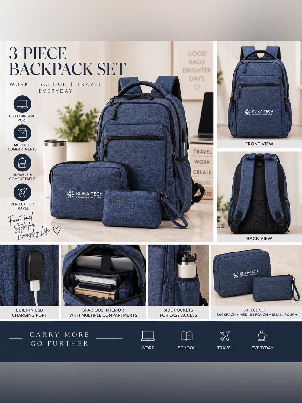 USB Charging Backpack Set 3 Pieces. Blue Travel Work Bag NWT
